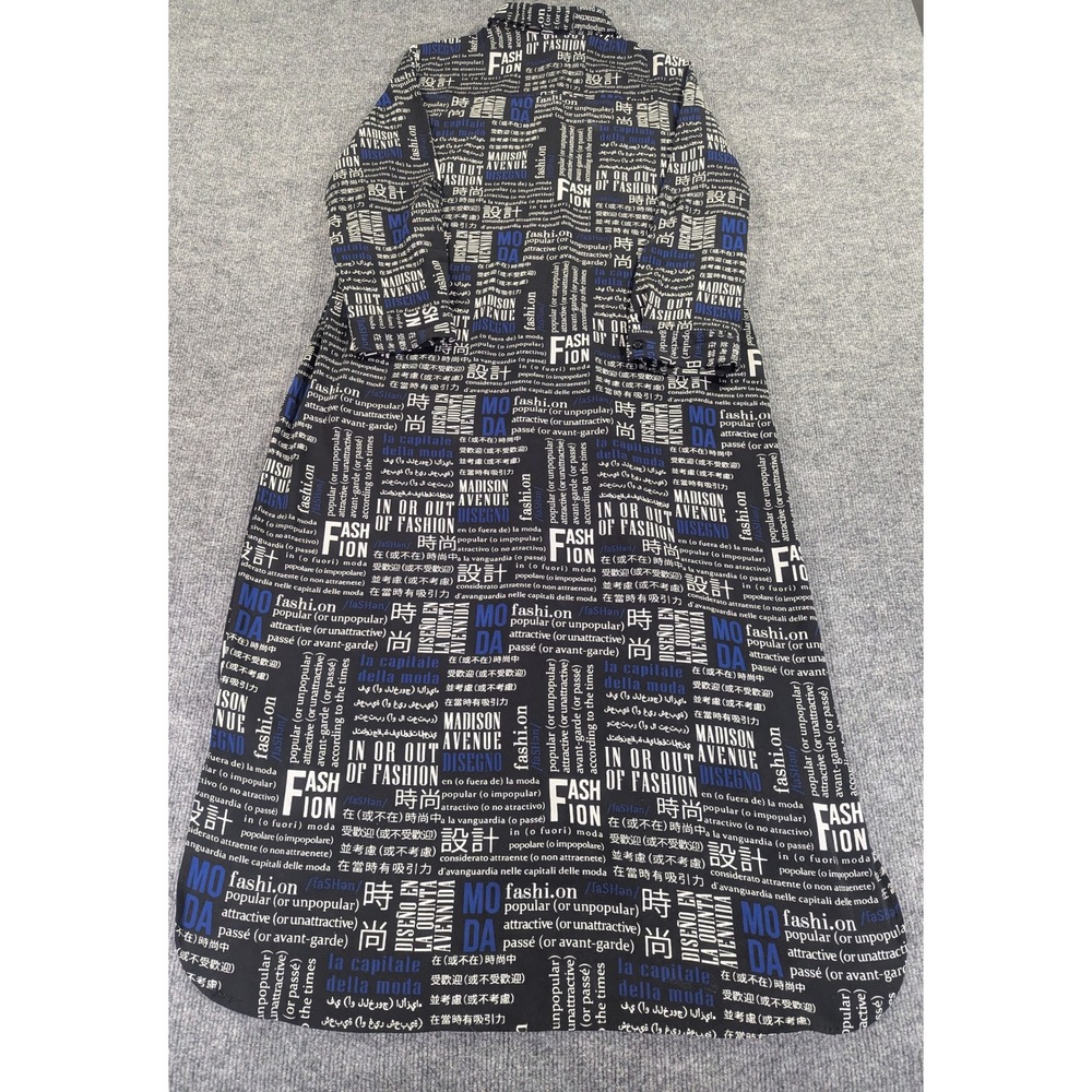 New York & Co. Newsprint Longline Shirt Dress Black Multilingual Large No Belt - Picture 6 of 7
